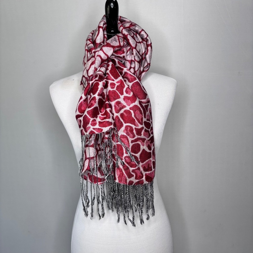 Pashmina Giraffe Print Red and White Silk Scarf Wrap Fringe 68x28